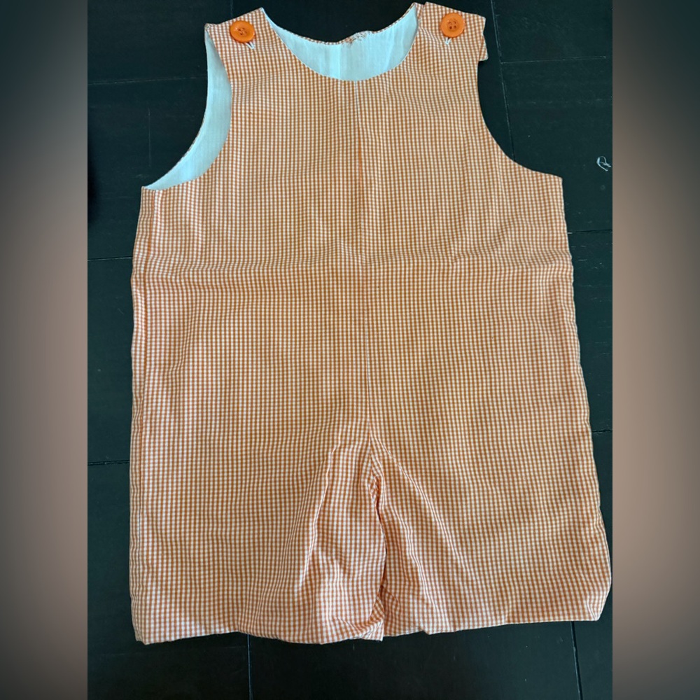 CAN BE MONOGRAMMED ! Vintage Remember Nguyen Orange Checkered Romper- 18M